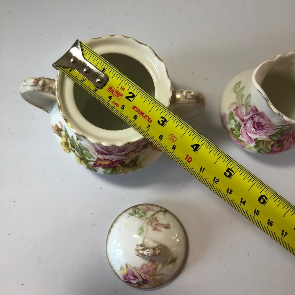 Limoges Vintage Antique Hand Painted Porcelain Sugar & Cream Bowl W/ Lid Roses